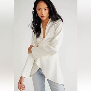 NWT Free People | Ivory Shiny Satin Harley Long Sleeve Tie Belt Tunic XS